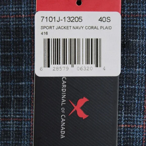 Cardinal of Canada NWT Wool Blend Sport Coat Size 40S US In Blue w/ Coral Plaid